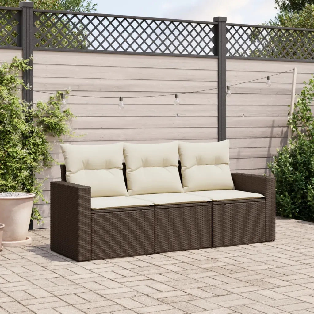 Set Divano da Giardino 3 pz | Set Salotto da Giardino con Cuscini Marrone in Polyrattan