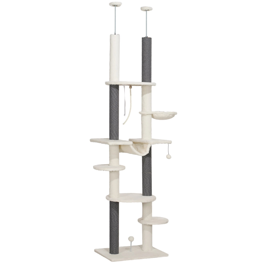 Albero tiragraffi da soffitto 225-255 cm con 2 amache, piattaforme e protezione antiribaltamento, bianco