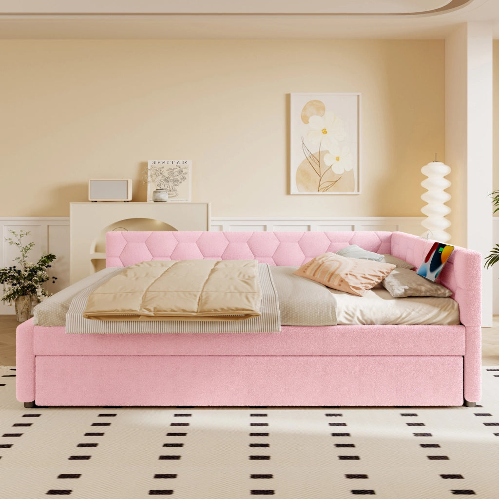 Daybed rosa 140x200 cm con letto estraibile, USB e luce