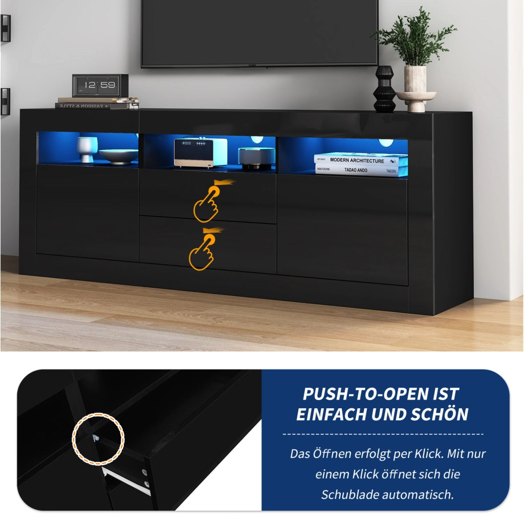 Mobile TV 160x35x60 cm con LED Bluetooth; 2 ante e 2 cassetti in truciolare nero
