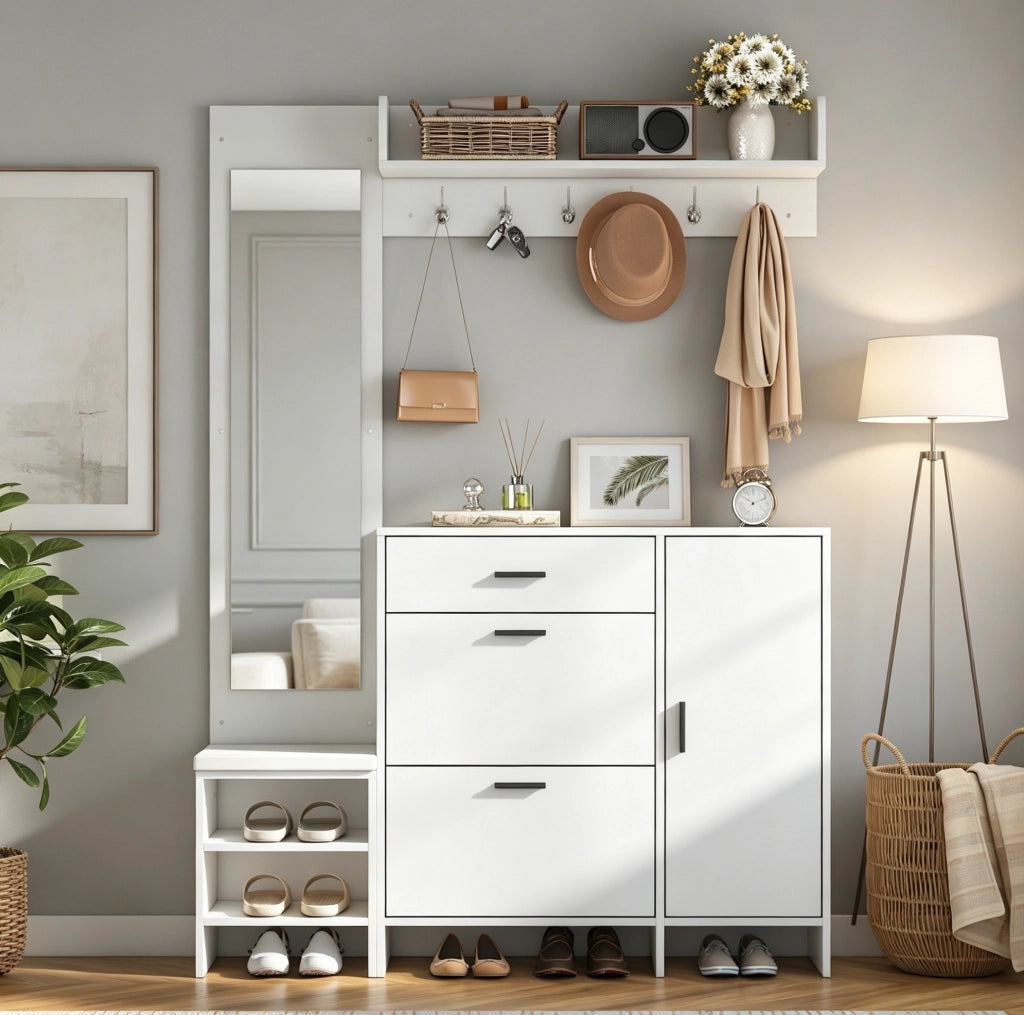 Guardaroba ingresso 140x30x200 cm con panca portascarpe; specchio e ganci in MDF bianco