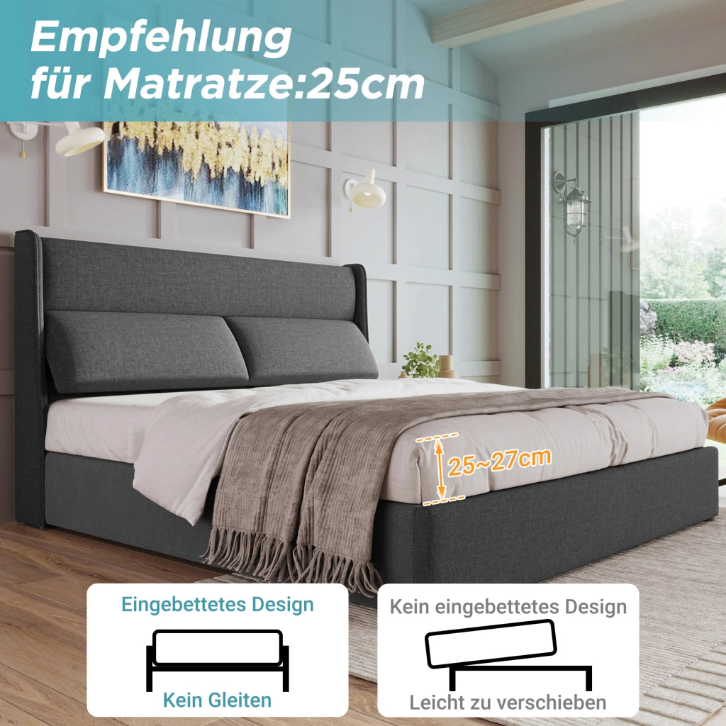 Letto in lino grigio 160x200 poggiatesta regolabile vano idraulico doghe metalliche