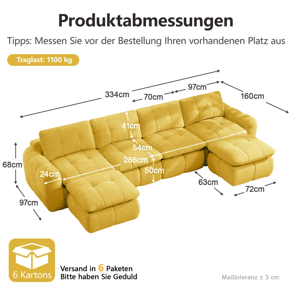 Divano modulare a U in chenille con seduta ampia e profonda senza montaggio per soggiorno giallo 334 × 160 × 68 cm