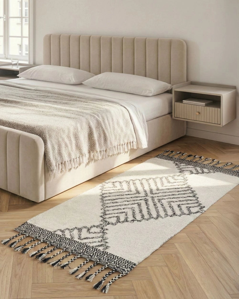 Tappeto in cotone con nappe di colore bianco e nero 80 x 150 cm soggiorno camera da letto