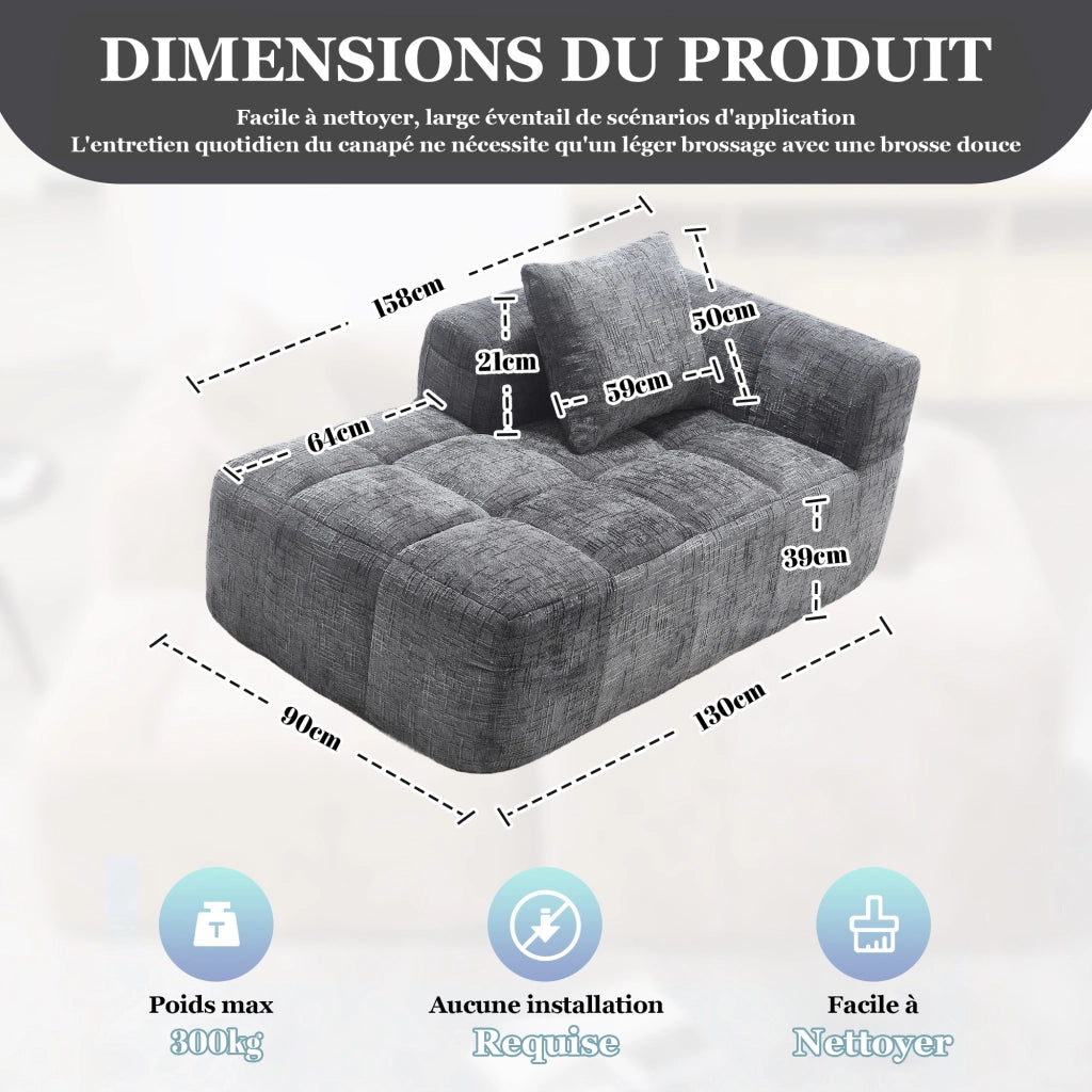 Chaise Longue Méridienne 1 Posto con Cuscino e Tasche Laterali Comfort Nuvola Seduta Ergonomica in Ciniglia Grigio