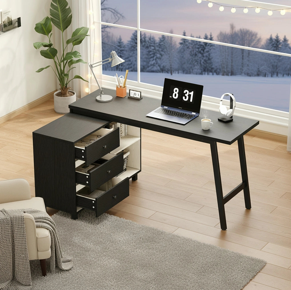 Scrivania angolare 150x100x76 cm con tre cassetti e due vani aperti in MDF e metallo nera