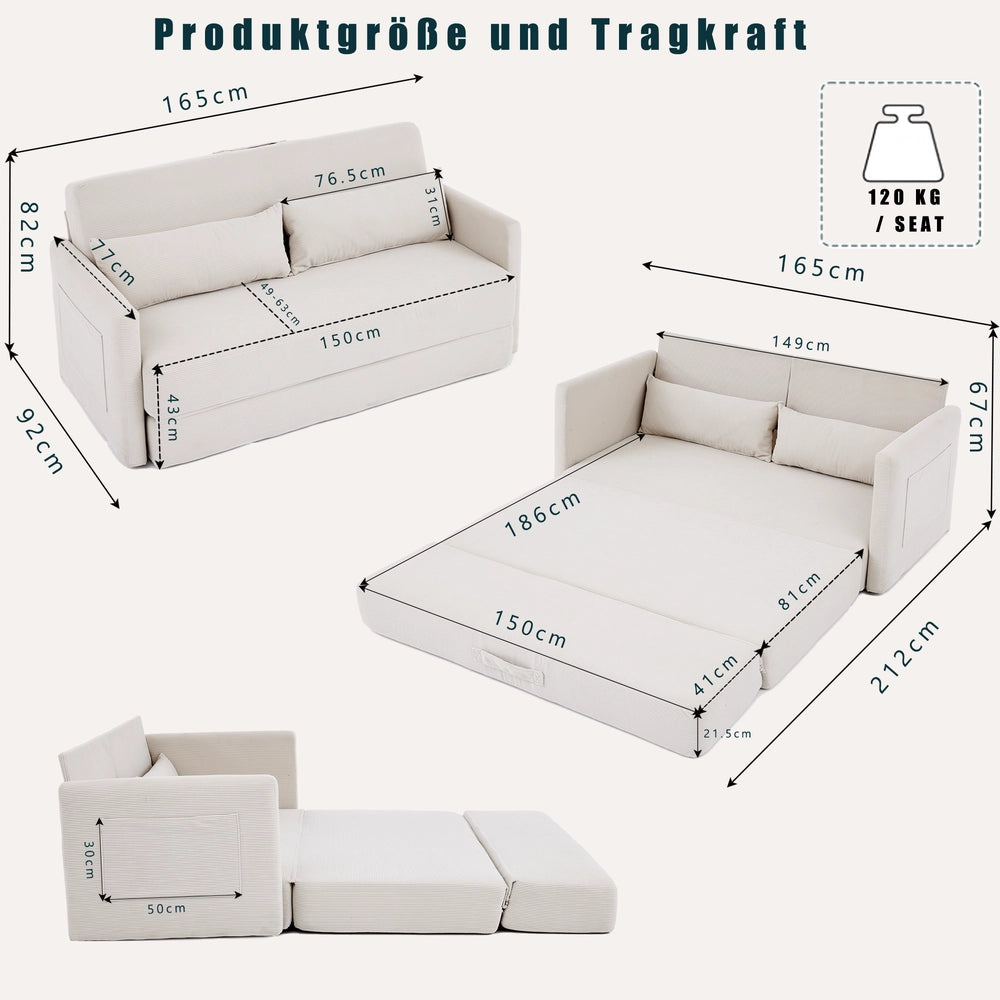 Divano letto 2 posti ¨C Minimal ¨C Beige tessuto con cuscini 165x92x82 cm