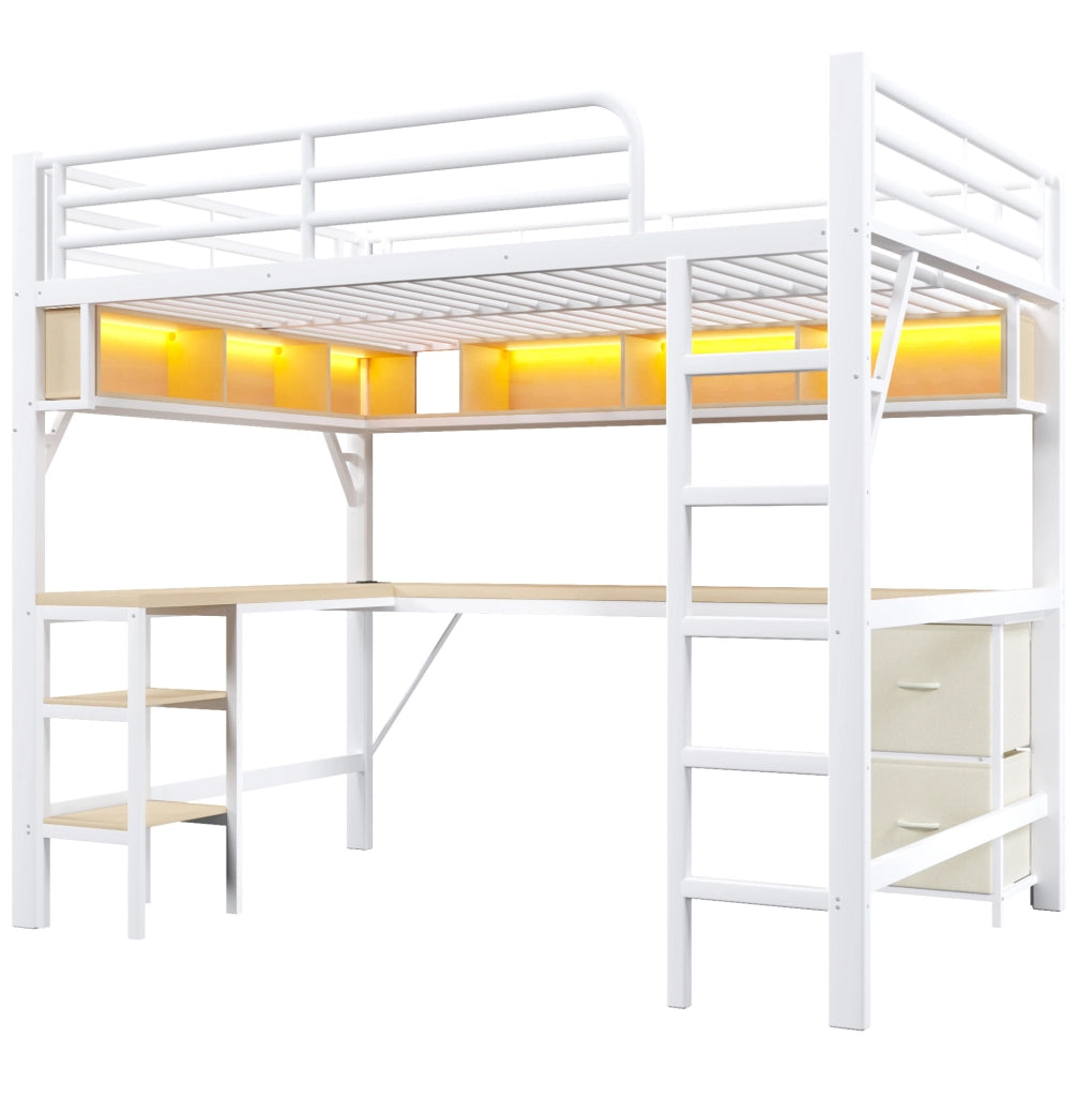 Letto a soppalco 140x200 cm con scrivania; LED e libreria in MDF e metallo bianco