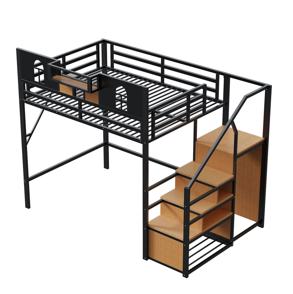 Letto a soppalco 140x200 cm in metallo e MDF con scala contenitore nero