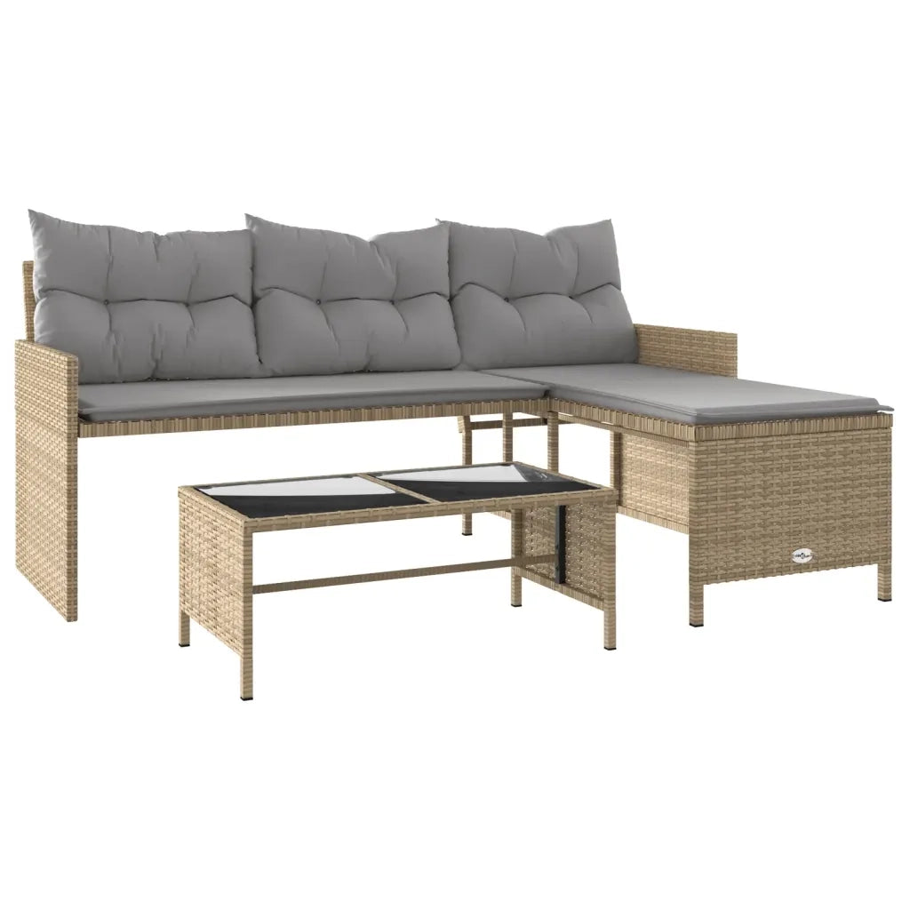Divano Giardino con Tavolo e Cuscini a L Beige Misto Polyrattan 365576