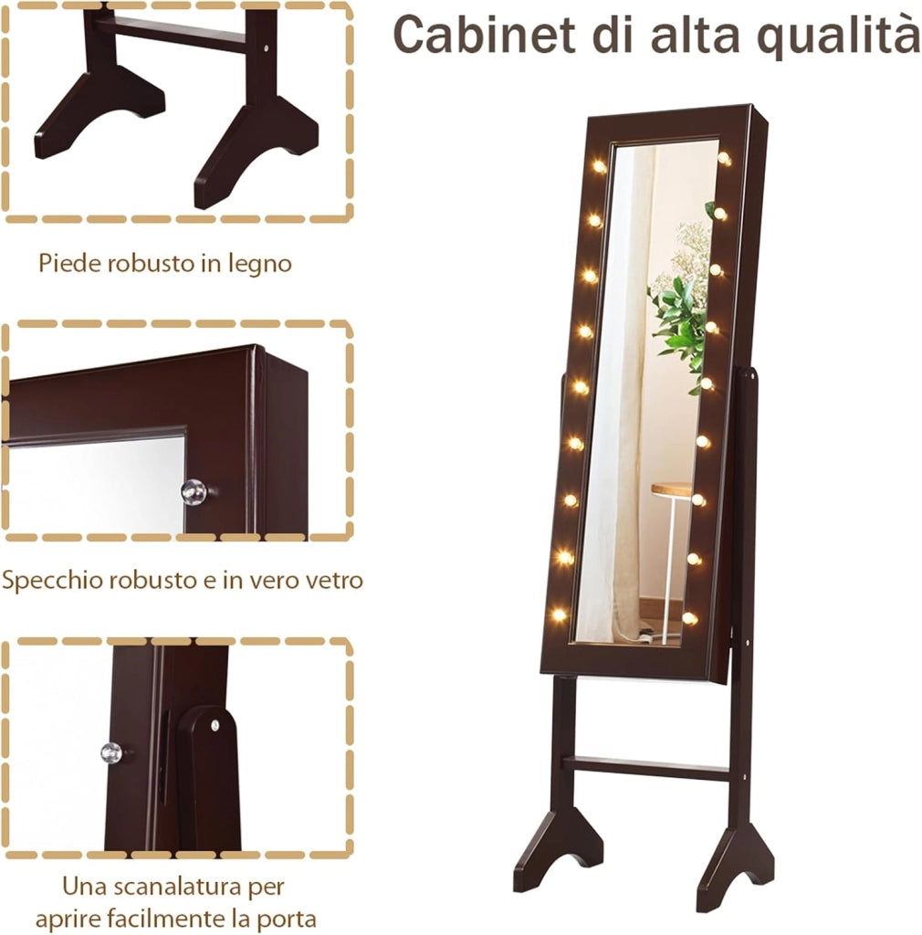 Portagioie Armadietto Specchiera con 18 Luci LED, Specchio a Figura Intera, Organizer per Gioielli Moderno Elegante, 145x35x31,5cm (Marrone)