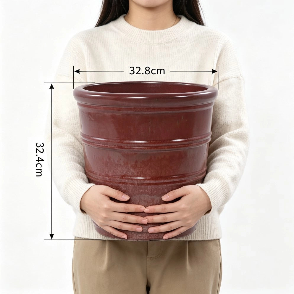 Vaso da fiori in ceramica artigianale Ø 32 cm, rosso bruno lucido, resistente al gelo