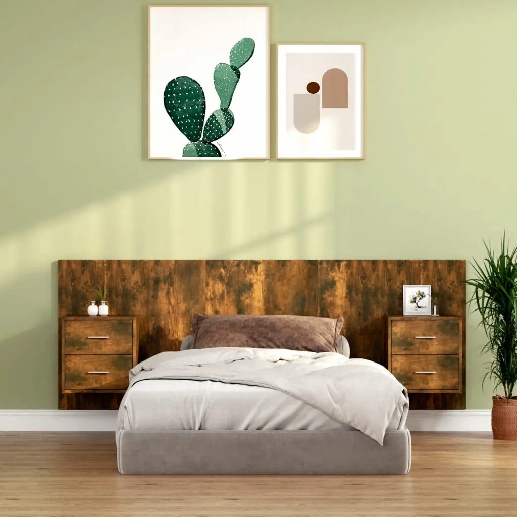 Testiera Letto con Comodini-Testiera con Contenitore in Legno Multistrato Rovere Fumo 734436