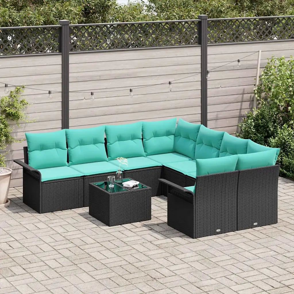 Set Divano da Giardino con cuscino 9 pcs Nero polyrattan