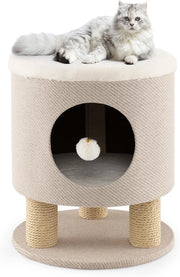 Tiragraffi per Gatti a Sgabello 47 cm, Grotta per Gatti con Palla Pompon Sospeso e 3 Tronchi Tiragraffi in Sisal, Cuccia per Gatto da Interno Piccolo Ø40, Beige