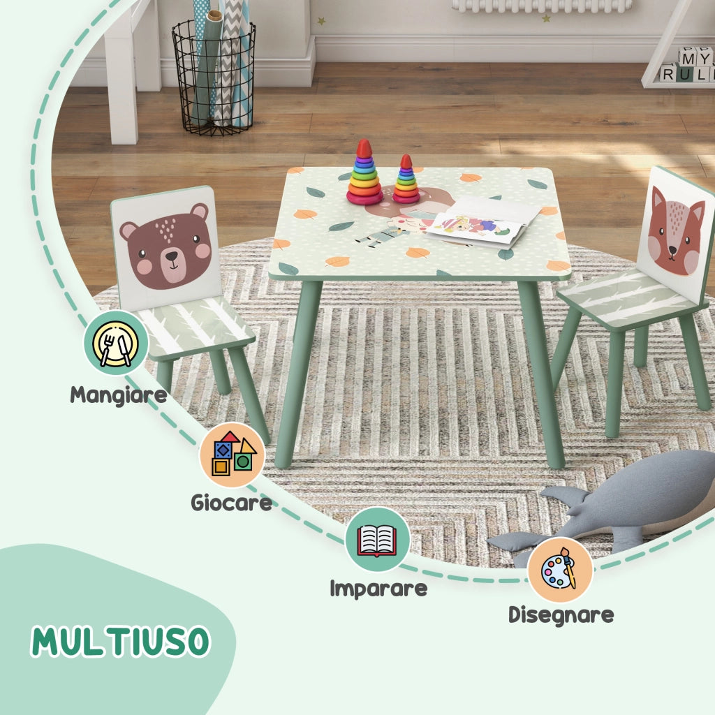 EasyComfort Set Tavolo e Sedie 3 Pezzi per Bambini 3-8 Anni in MDF e Legno di Pino, Verde