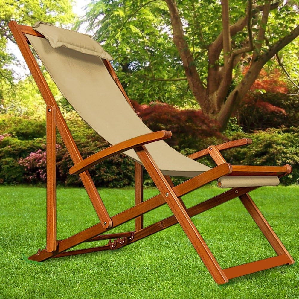 ® Sedia a Sdraio in Legno Acacia Pieghevole con Poggiatesta Traspirante Poltrona Relax Sedie Esterno Giardino
