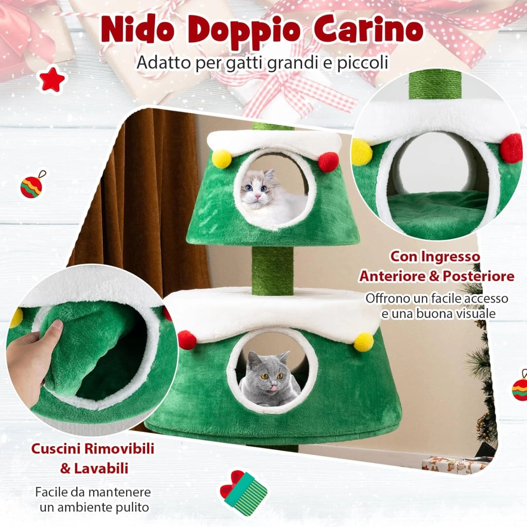 Albero di Natale per Gatti da Interno, Tiragraffi per Gatti Alta 153 cm con 2 Condomini, Giocattolo a Molla e Letti Rimovibili, Mobile per Animali per Decorazioni Natalizi (70 x 70 x 153 cm)
