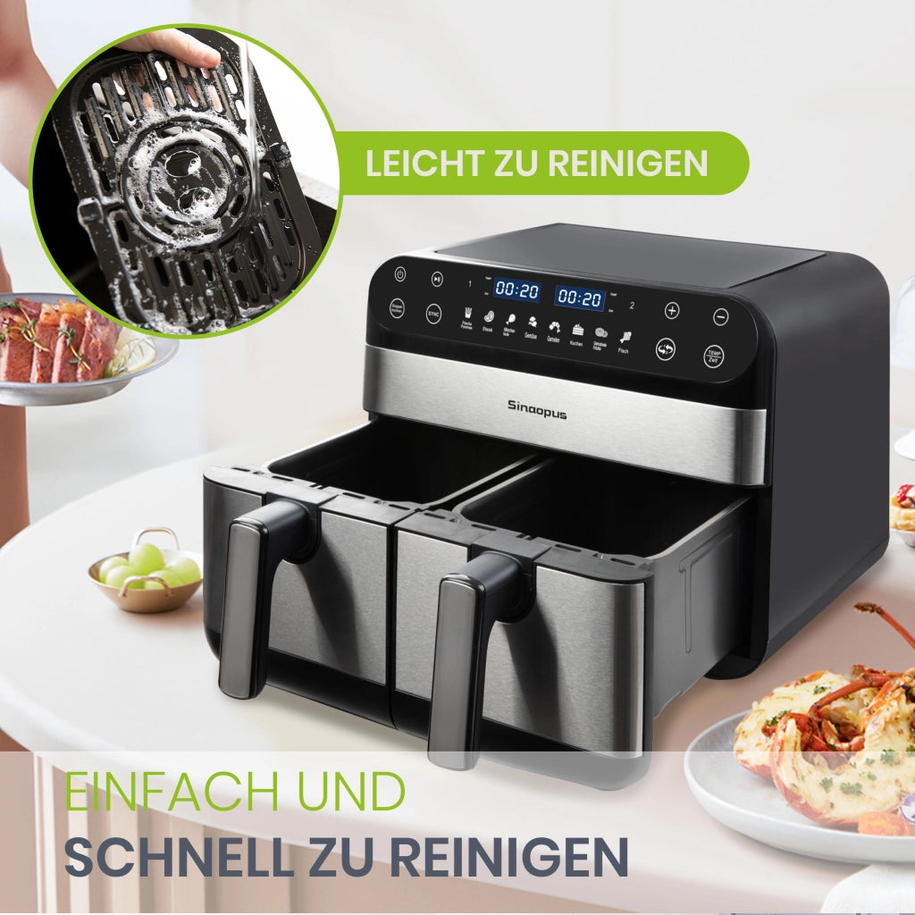 Friggitrice ad aria XXL da 10 litri con doppia zona, ideale per famiglie, con display touchscreen a LED, tempo e temperatura regolabili e 8 funzioni d