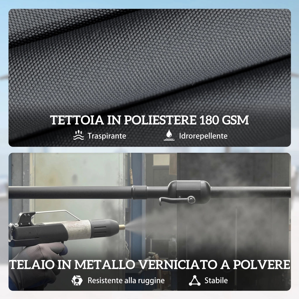 Ombrellone Doppio a 12 Stecche con Manovella, Base a Croce e Sacchi, in Metallo e Poliestere, 3x1.5 m, Grigio Scuro