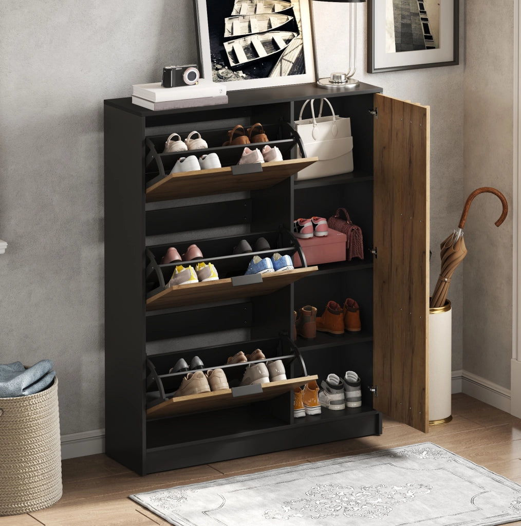 Scarpiera salvaspazio 100x30x130 cm in MDF; 3 ante ribaltabili e 1 vano chiuso; naturale e nero