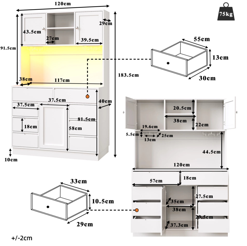 Hochschrank cucina 120x40x183.5 cm con illuminazione LED; 8 cassetti e chiusura magnetica in MDF bianco