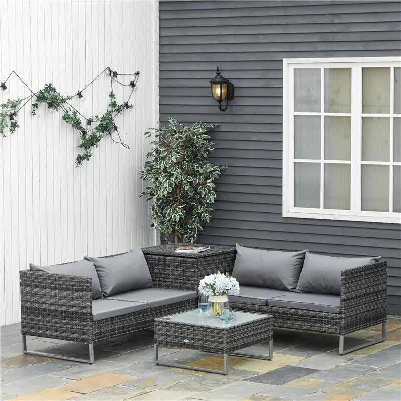 SET DA GIARDINO 4 PEZZI CON 2 DIVANI 2 POSTI, TAVOLINO DA CAFFÈ E TAVOLINO ALTO, IN ACCIAIO E RATTAN
