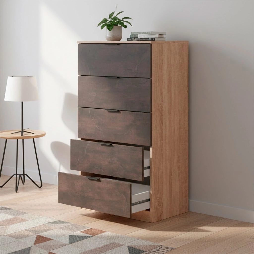 Comò Alto 5 Cassetti Sinfonier Camera Da Letto Stile Industriale Rovere Ossido Mobile Salvaspazio Cassettiera Moderna Con Guide Metalliche 110x60x40 Cm