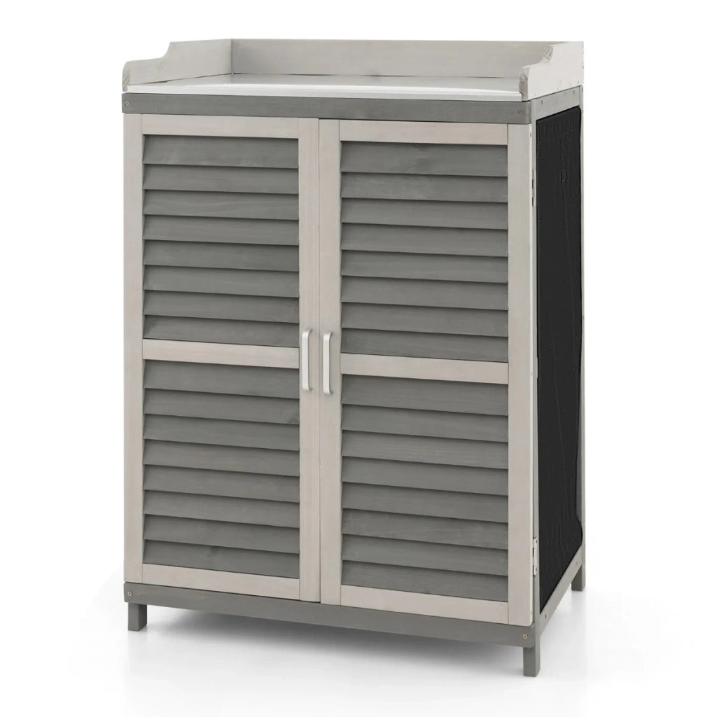 Casetta da giardino con postazioni di lavoro 67 x 47 x 100 cm pratico spazio di archiviazione 2 ripiani atmosfera accogliente legno di abete grigio 20_0020932