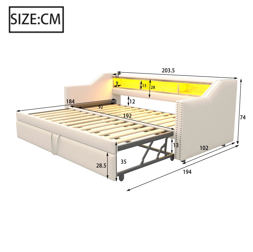 Divano letto estraibile imbottito 90/180x190 cm beige con LED e USB