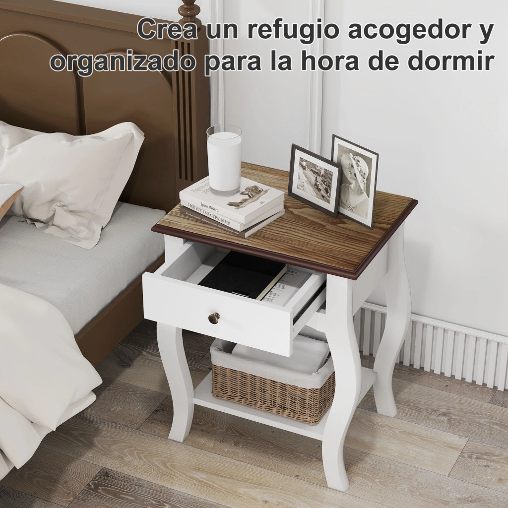 Comodino con cassetto e ripiano aperto ¨C Zephmum ¨C 45x35x55 cm bianco effetto rovere