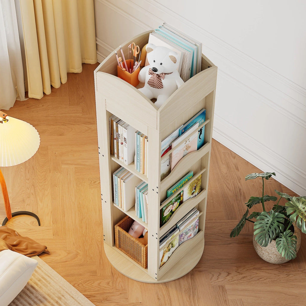 Libreria girevole 360° in MDF naturale, scaffale salvaspazio multifunzione per libri e giochi