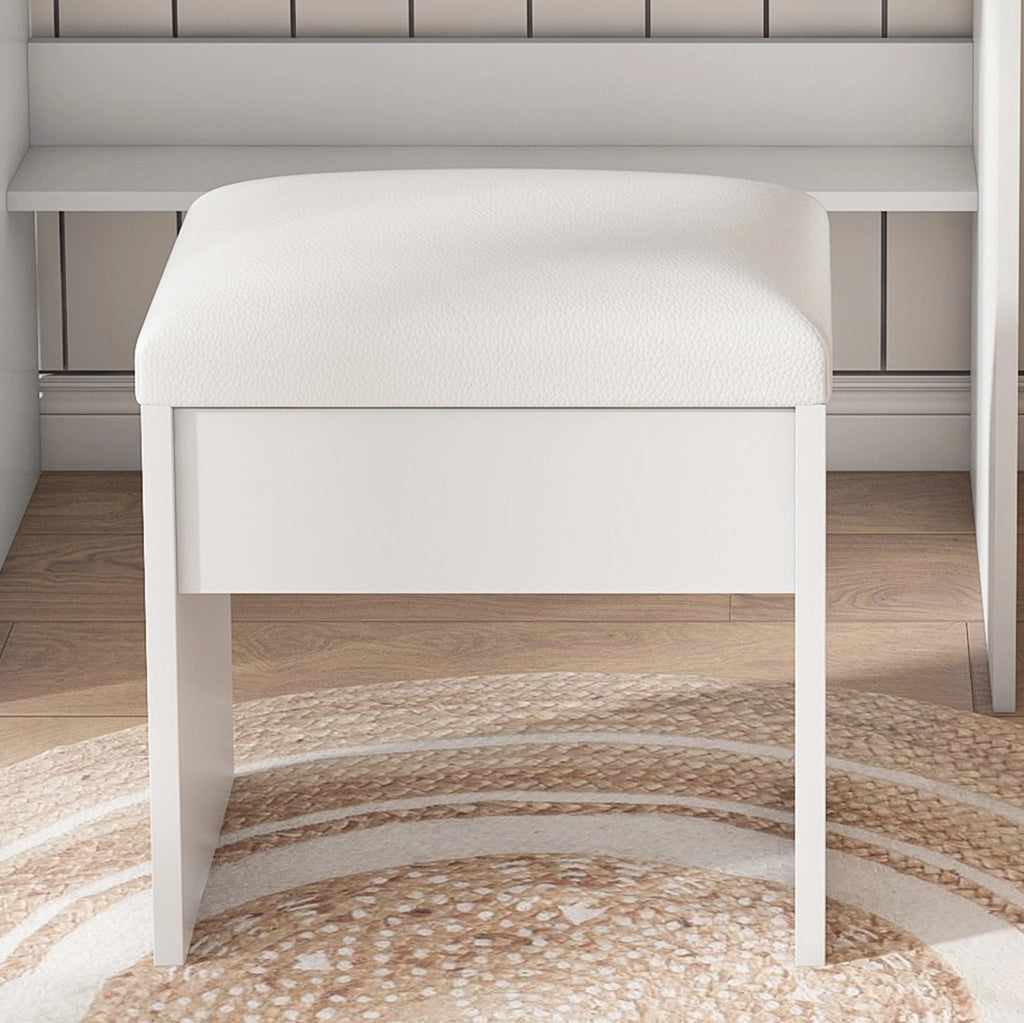 Tavolo da trucco con specchio LED a 3 modalità; presa e supporto asciugacapelli in MDF bianco