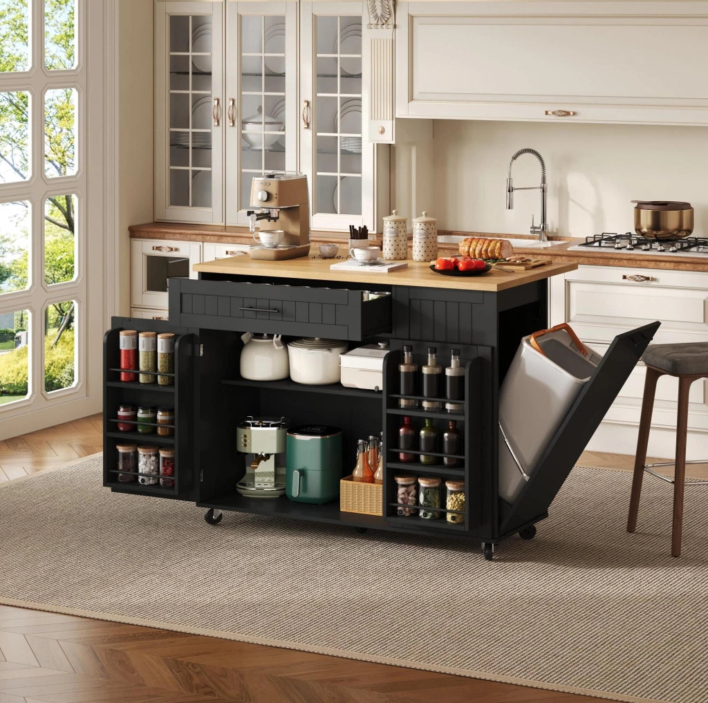 Isola da cucina mobile in MDF nero con piano pieghevole; cassetto e vano porta rifiuti