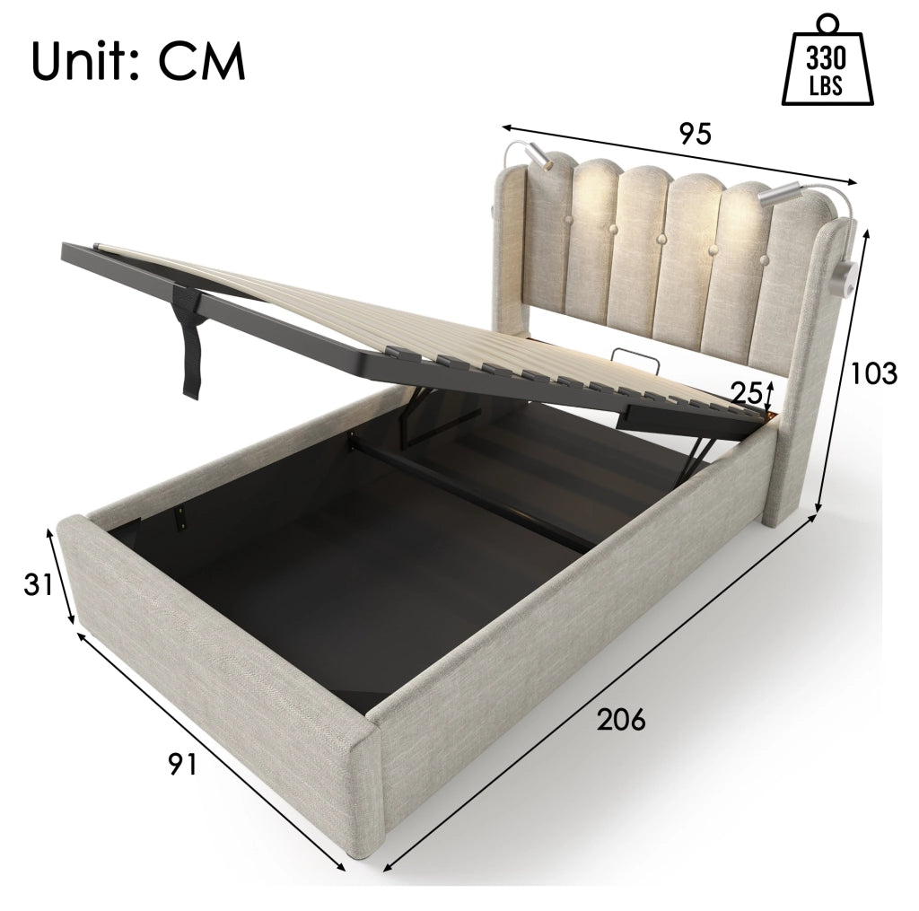 Letto contenitore 90x200 in lino beige con luce di lettura e USB