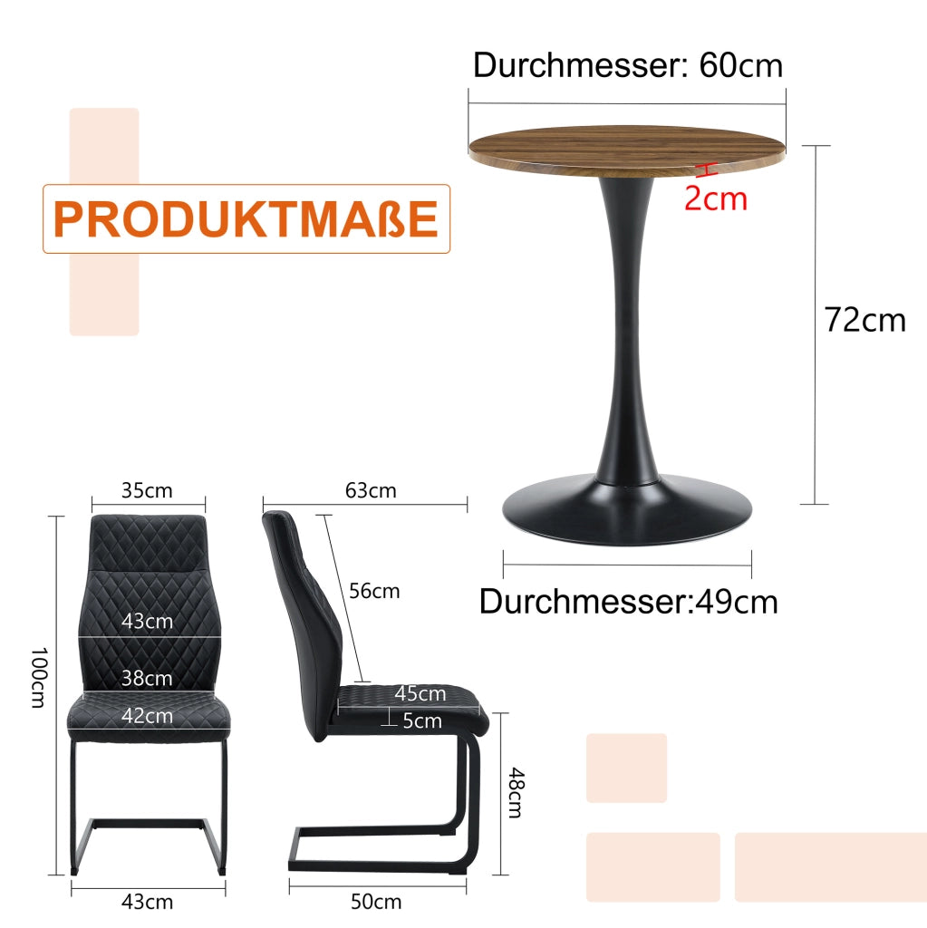 Set tavolo e 2 sedie con tavolo rotondo 60 cm in MDF nero e noce, stile moderno