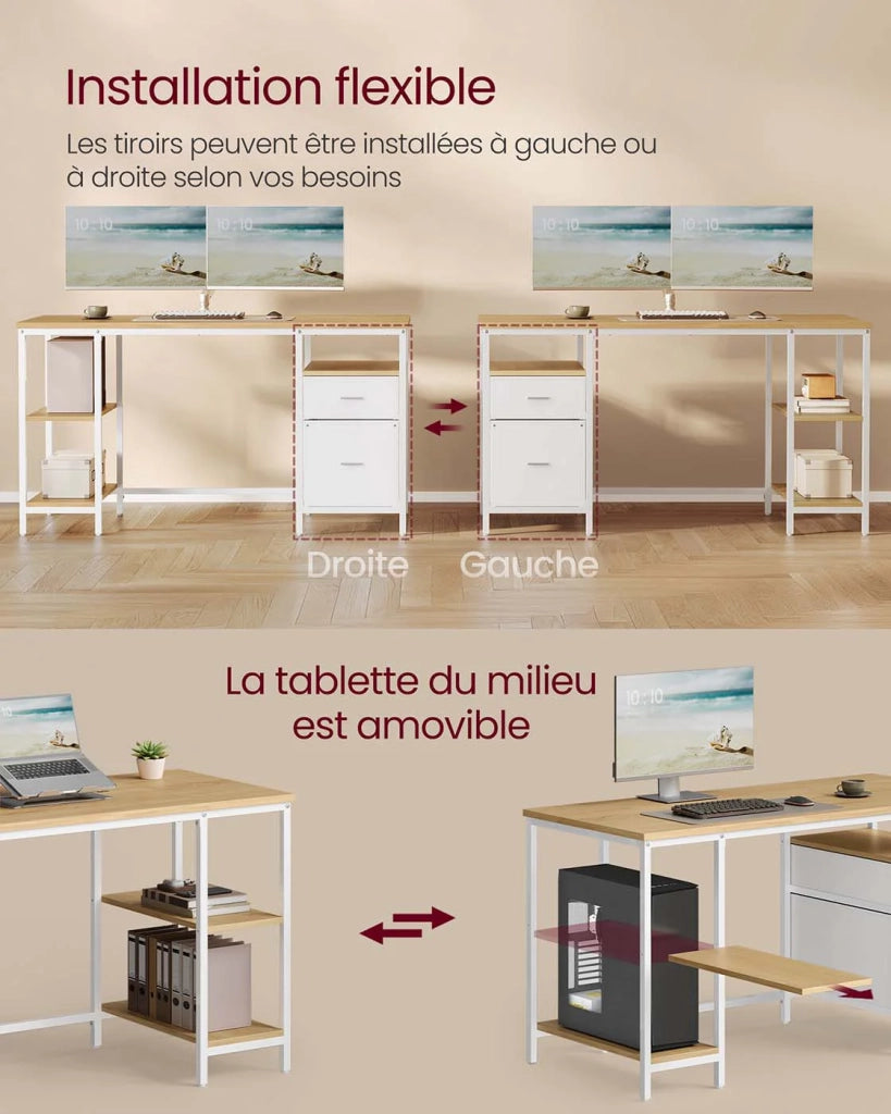 Scrivania per computer con contenitore 3 ripiani 2 cassetti 60 x 140 x 76 cm per ufficio/soggiorno stile industriale marrone 12_0004570