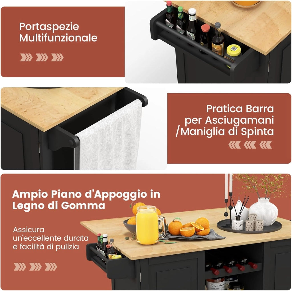 Carrello da Cucina, Isola Cucina con Piano Ribaltabile e 4 Ruote Girevoli, con Cassetto Profondo Portabottiglie Aperto e Porta Asciugamani, 130x74x90 cm (Nero)