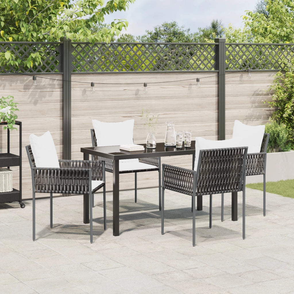 Set da Pranzo da Giardino di 5 Pezzi Marrone con Cuscini in Rattan Poliestere