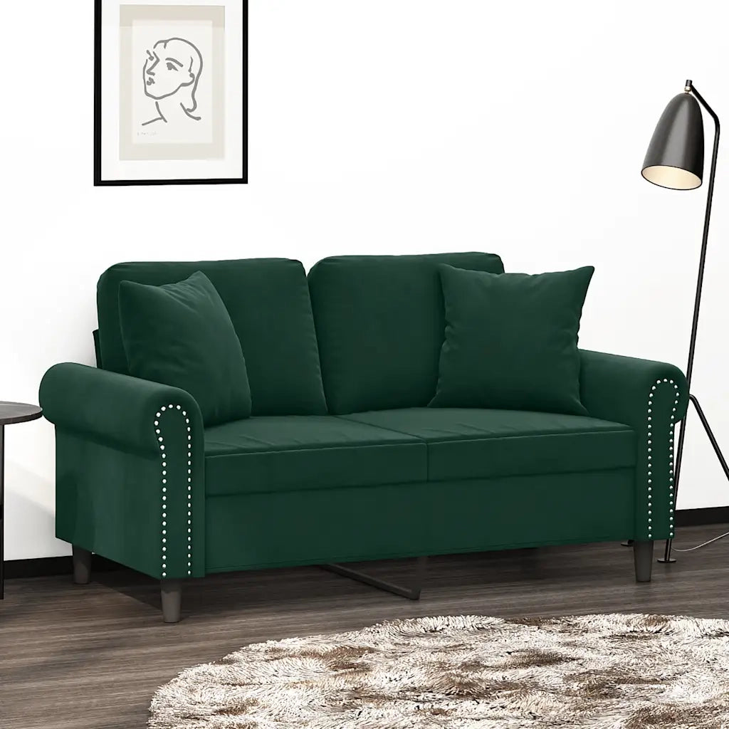 Divano a 2 Posti con Cuscini Verde Scuro 120 cm in Velluto