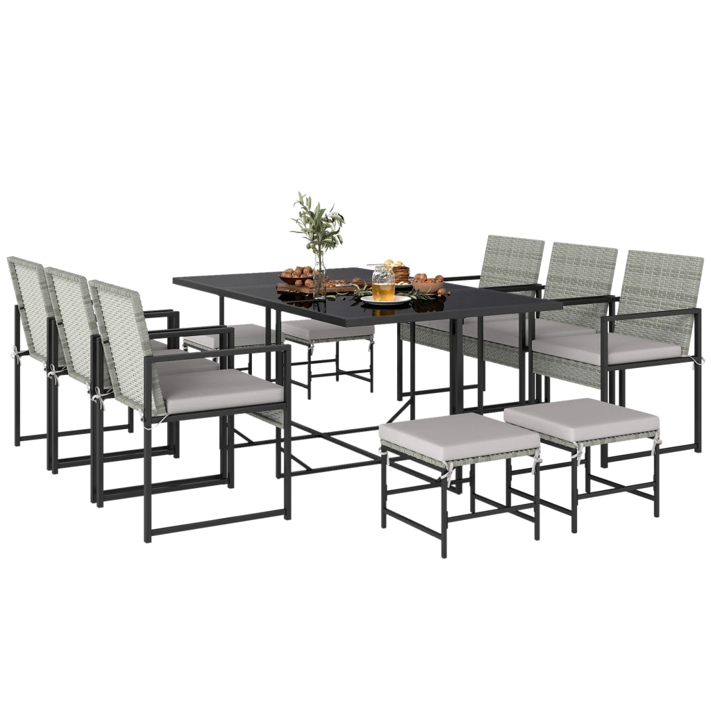 Set Tavolo e Sedie da Pranzo per Esterno 11 Pezzi ¨C zephmum ¨C Grigio, Polyrattan, 6 Poltrone 4 Pouf