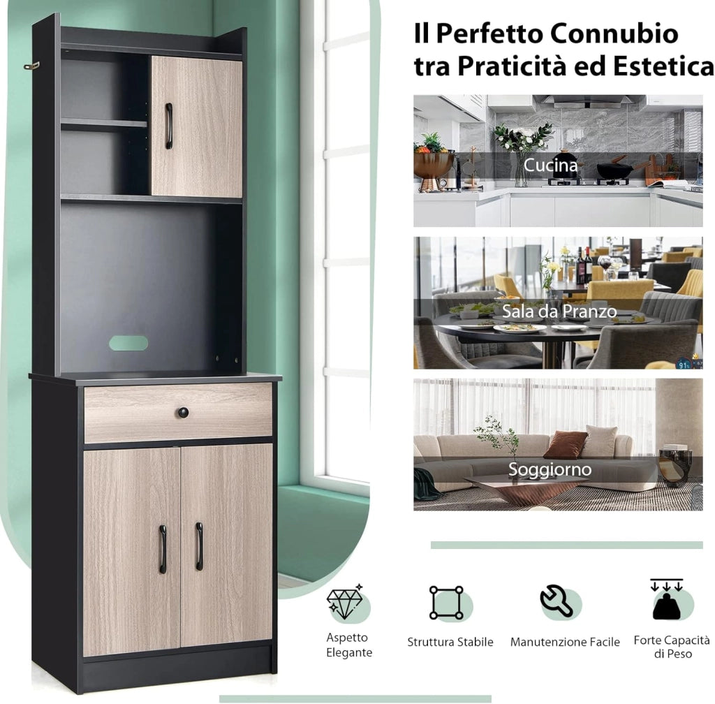 Credenza Alta per Cucina, Mobile da Cucina Moderno con 2 Ante e Cassetto, con Ripiani Regolabili e Foro per Cavi, Ampio Spazio Aperto per Microonde, 60 x 40 x 180 cm (Nero)
