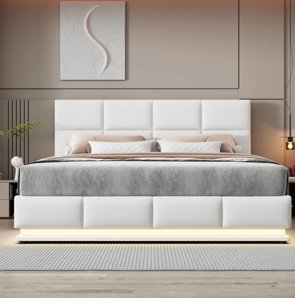 Letto matrimoniale 180x200 cm imbottito in similpelle bianca con LED e contenitore idraulico