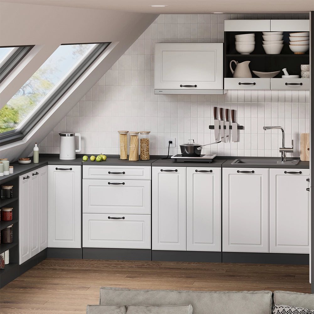 Mobile cucina sottotetto R-Line Bianco rustico/Antracite 60 cm senza inclinazione con 2 ante Vicco