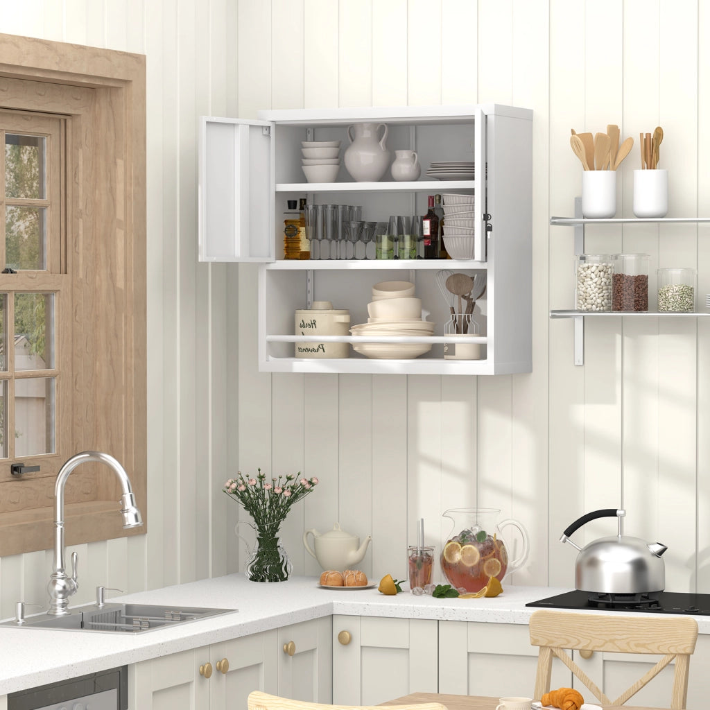 Armadietto da parete in metallo con ripiano regolabile, per garage e soggiorno, bianco, 88 × 45 × 14 cm