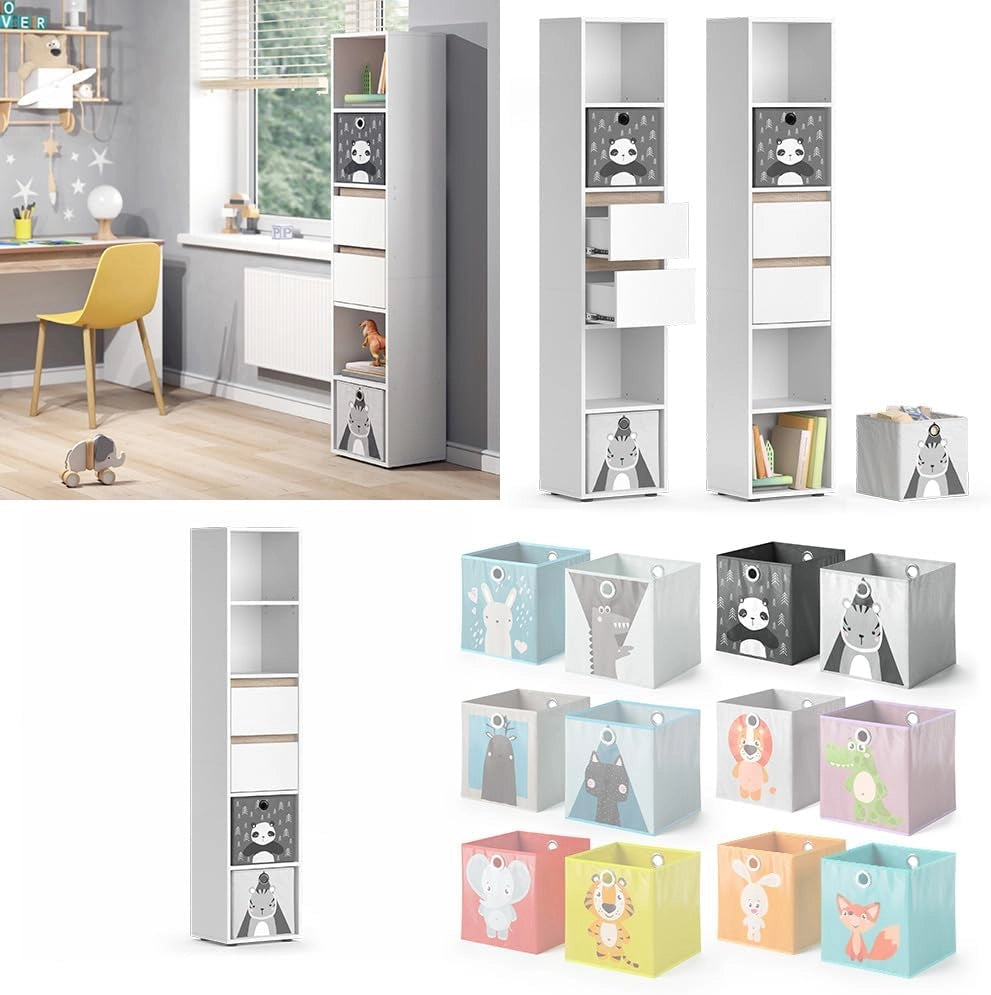 Libreria bambini Robert, Bianco, 36.2 x 171 cm con box pieghevole grigio, adatto per riporre giocattoli e libri