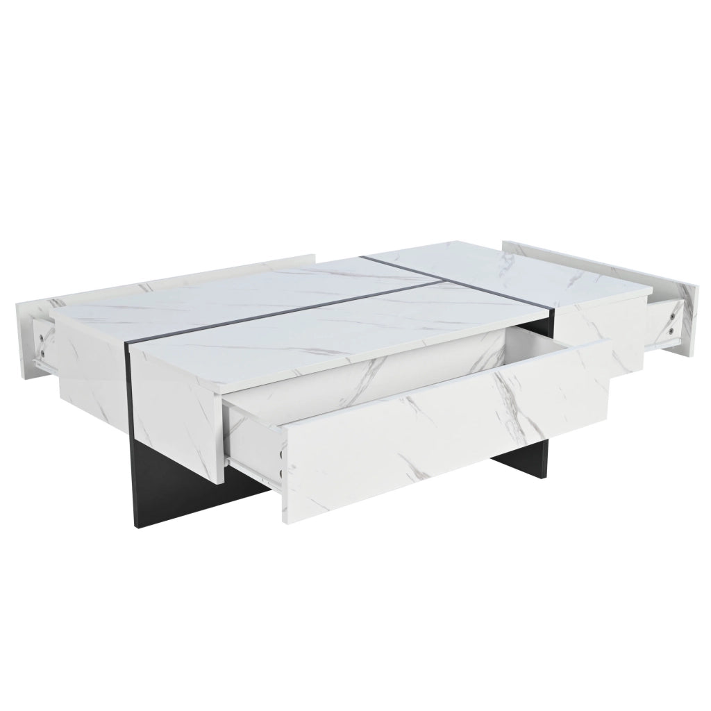 Tavolino da caffè 105x60x35 cm; 3 cassetti con LED controllati da app; pannello truciolare bianco