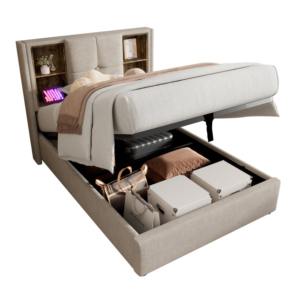 OKWISH Letto Contenitore 90×200 cm, Letto Singolo con Ricarica Wireless, USB e Tipo C, Testiera con Vani a Giorno, senza Materasso, Lino Naturale