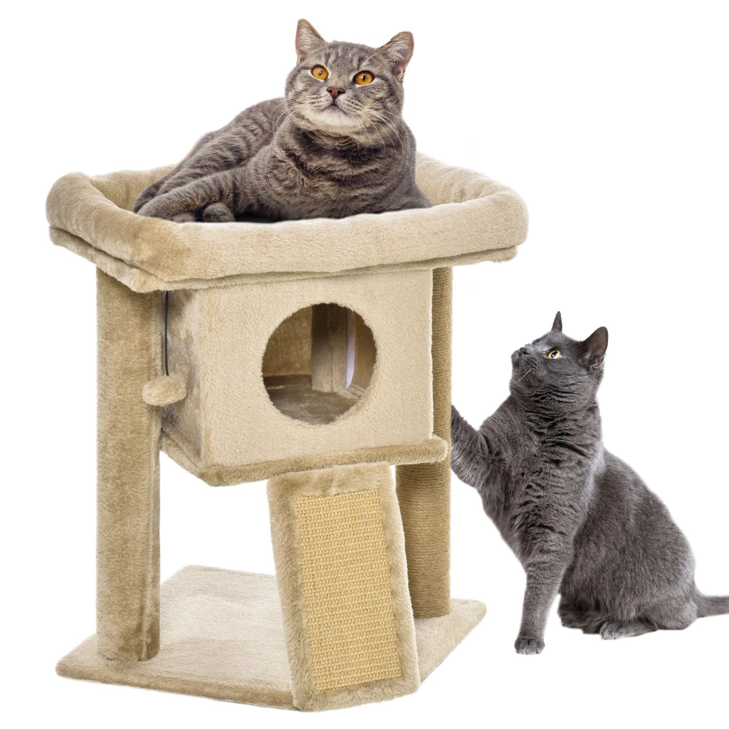 Albero per Gatti in Peluche con Casetta per Gatti e Lettino, Tiragraffi in Juta e Pallina, Marrone