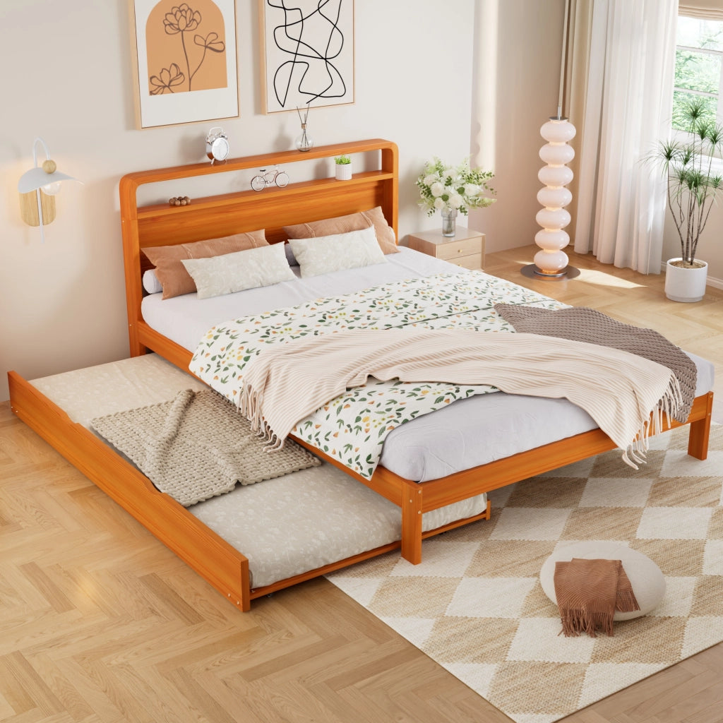 Letto matrimoniale in legno massello, 140x200 cm, con letto estraibile da 90x190 cm, colore arancione